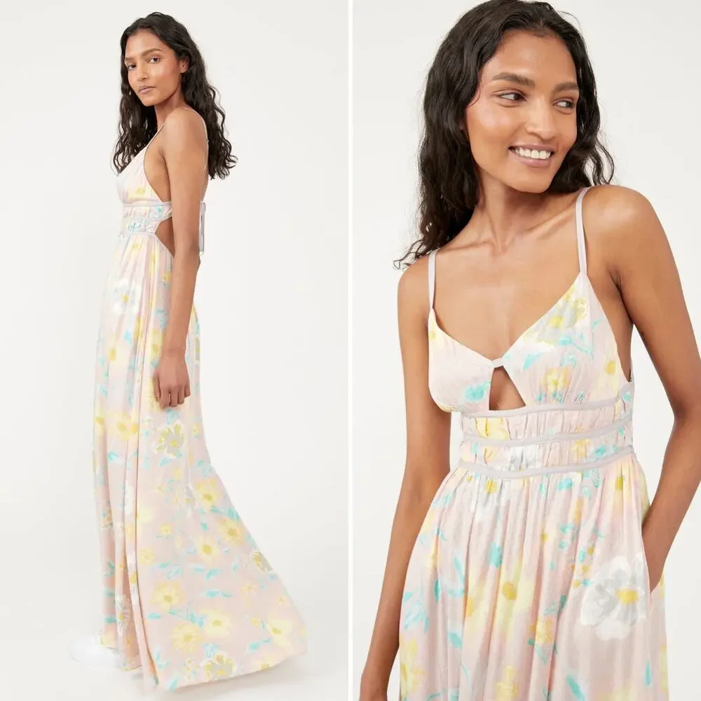 Free People Wisteria Floral In Light Combo Maxi Cut Summer Out Dress Size L - Picture 12 of 12